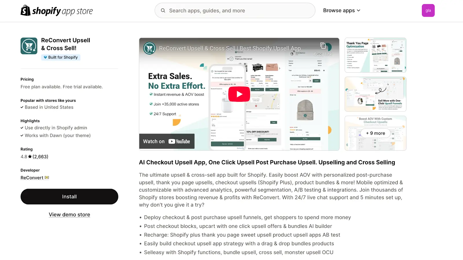a screenshot of ReConvert's Shopify App Listing