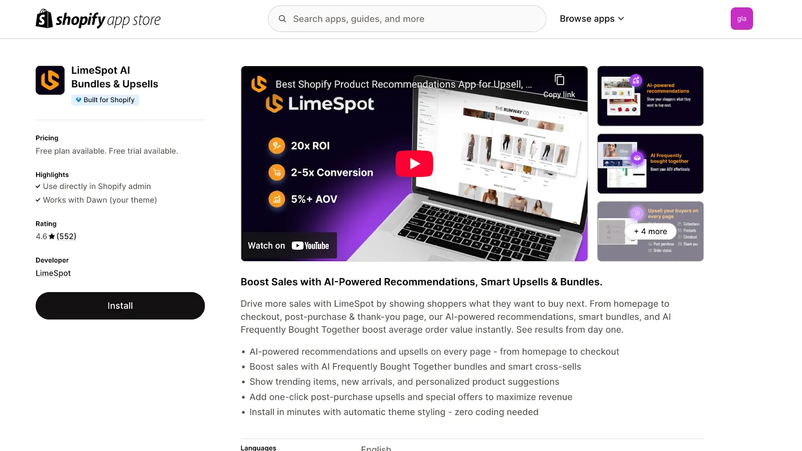 A screenshot of LimeSpot's Shopify App Listing
