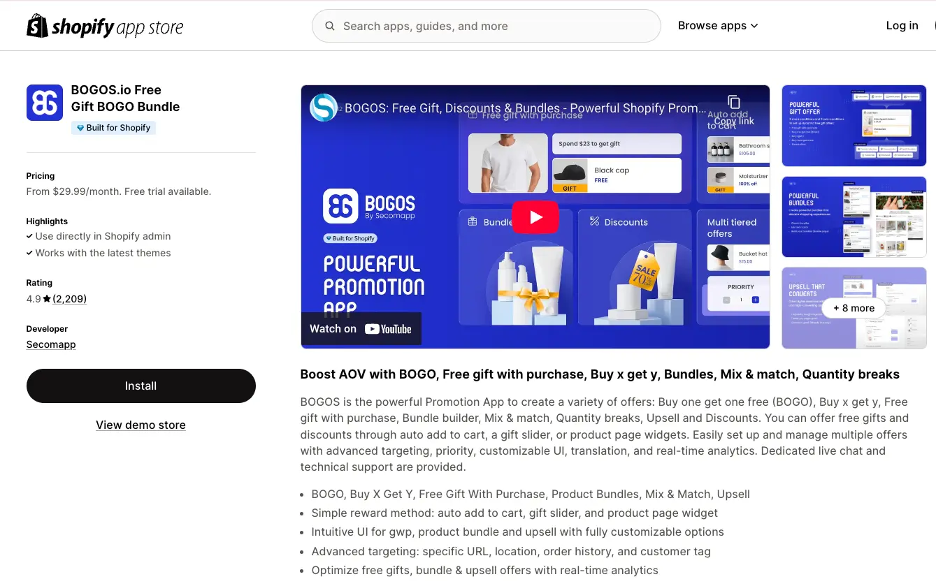 a screenshot of BOGOS's Shopify App Listing