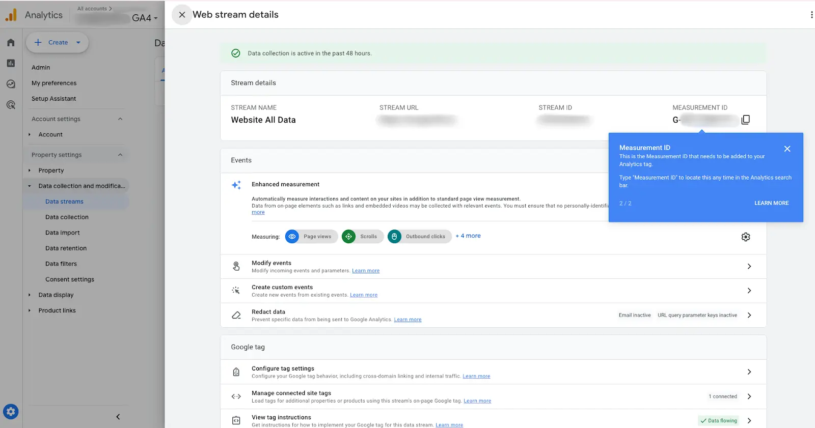 a screenshot of how to find GA4 measurement ID