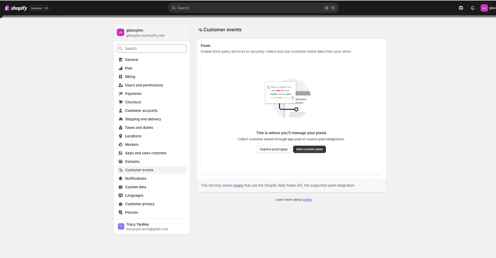 a screenshot of how to add pixel on shopify for store's owner