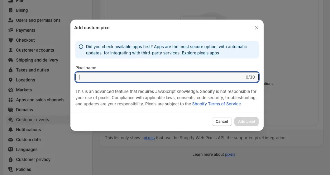 a screenshot of adding the custom pixel on Shopify when users try to connect GA4 with shopify