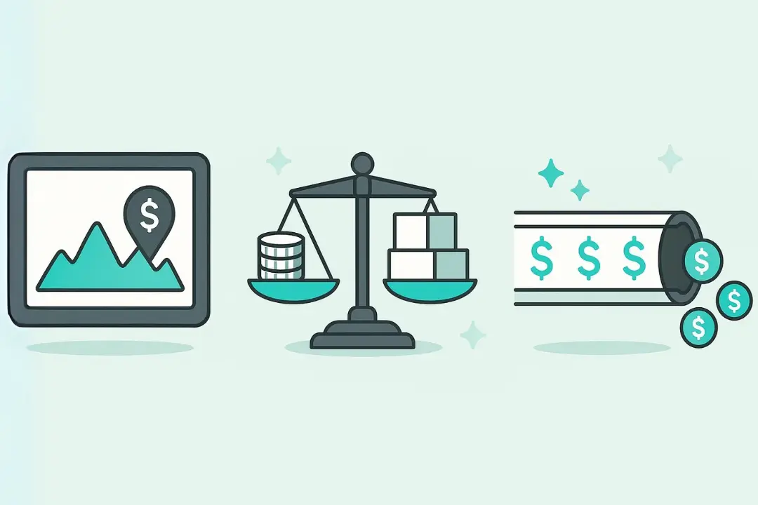 Visual comparison of P&L, balance sheet, and cash flow illustrated as revenue chart, balanced scale, and money flow tube.