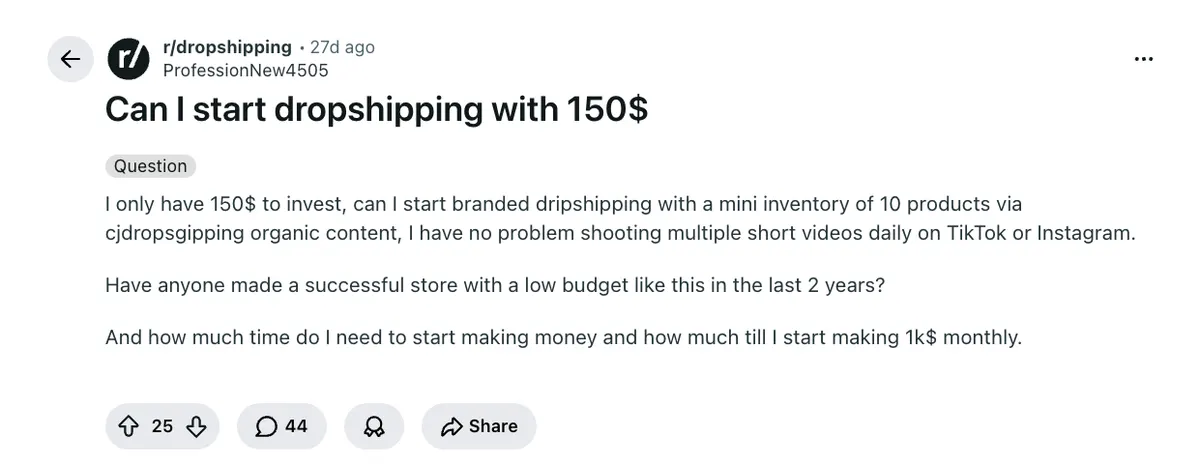 Reddit conversation about cost to start dropshipping