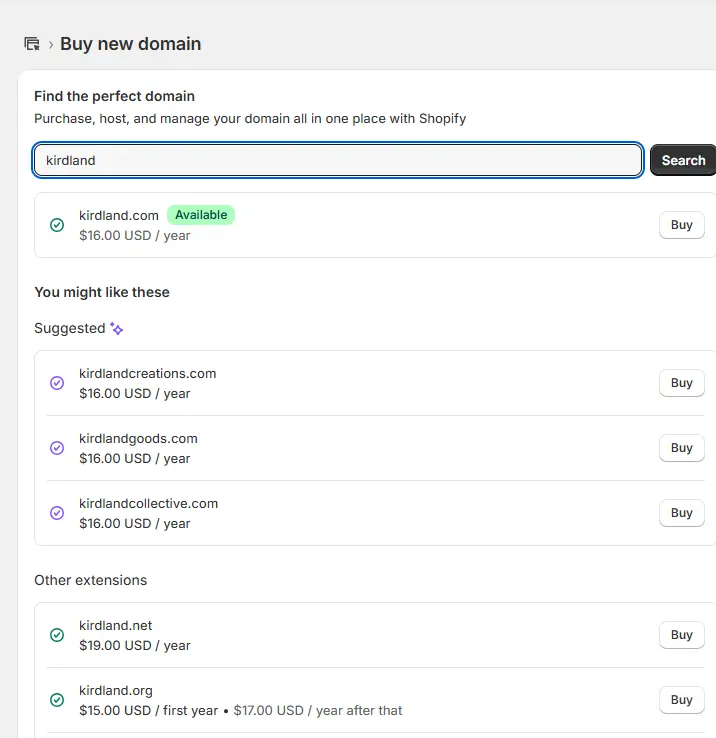 kirdland domain name in Shopify