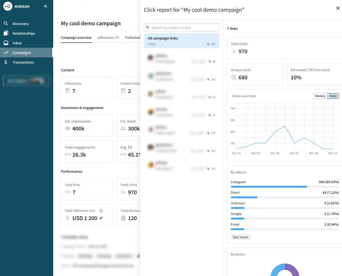 Modash influencer analytics app dashboard