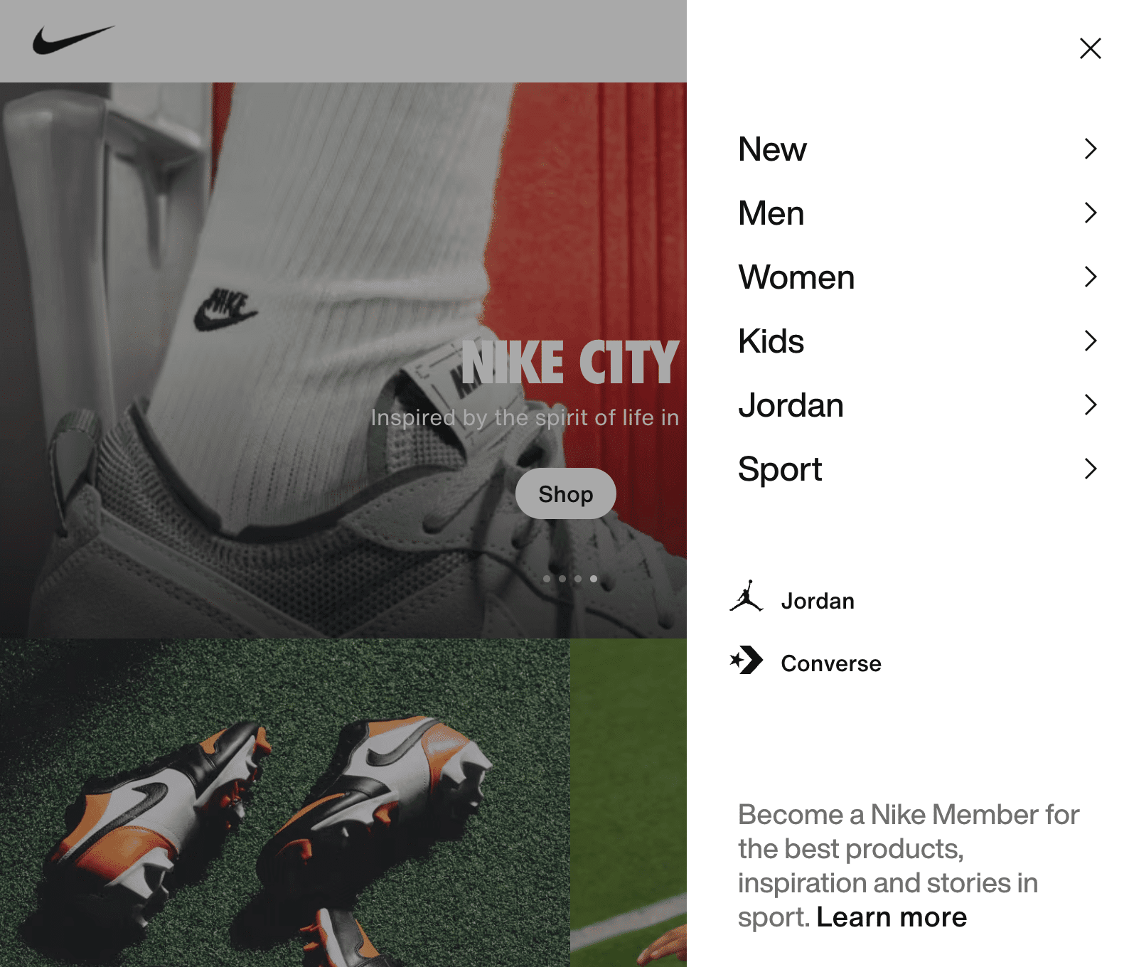 Nike website - Example of using Clickable Buttons & Arrows