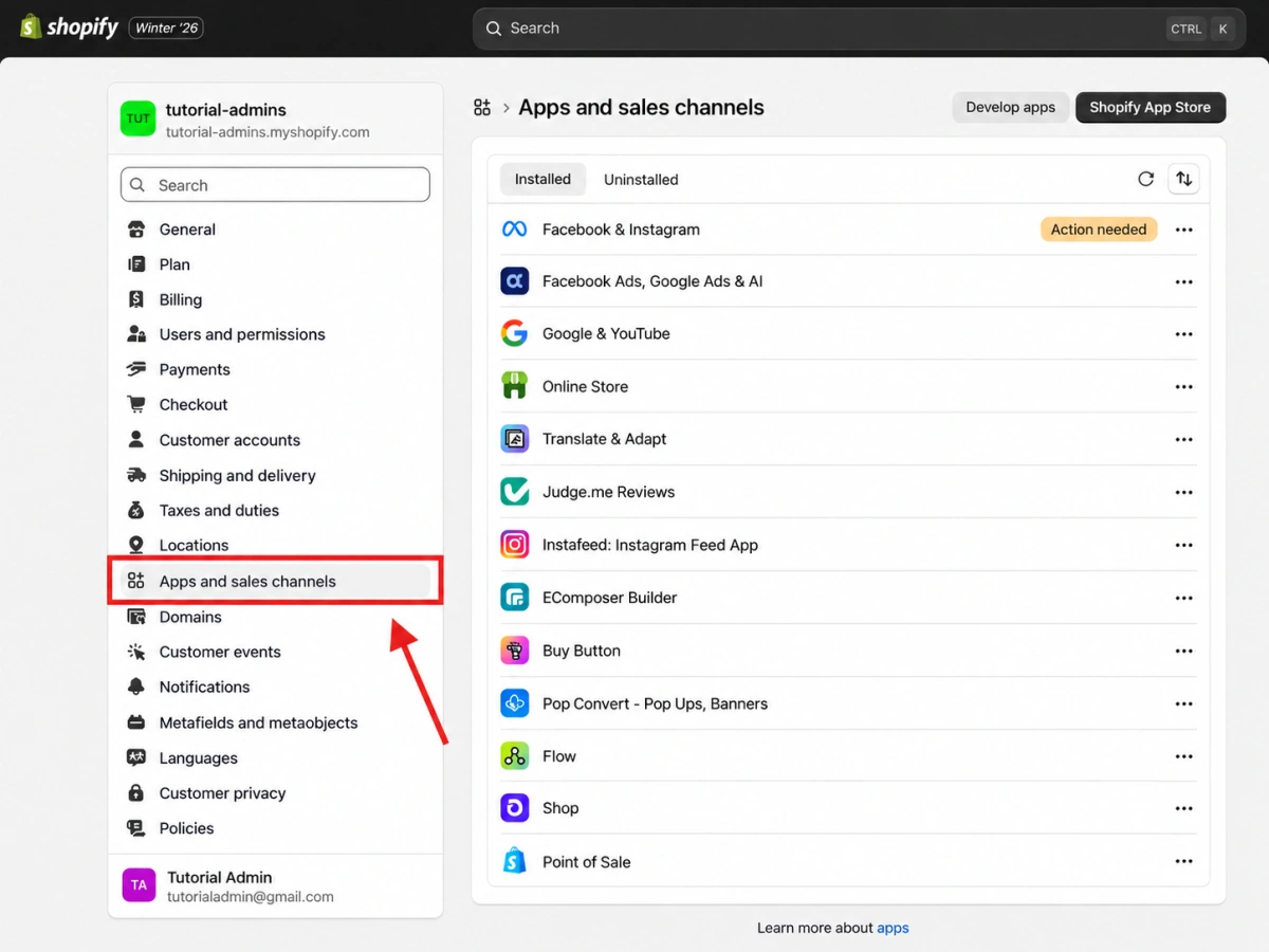Shopify Apps and sales channels settings showing Google and YouTube among installed sales channels