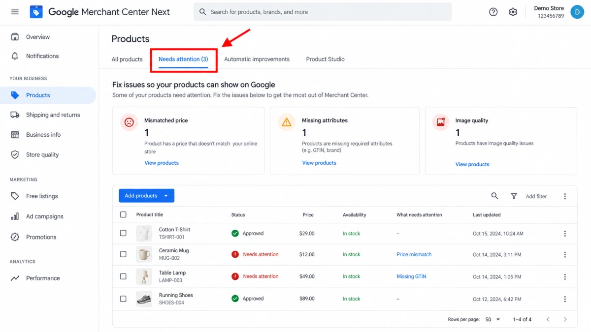 Google Merchant Center Needs attention tab flagging mismatched prices, missing attributes, and image quality issues