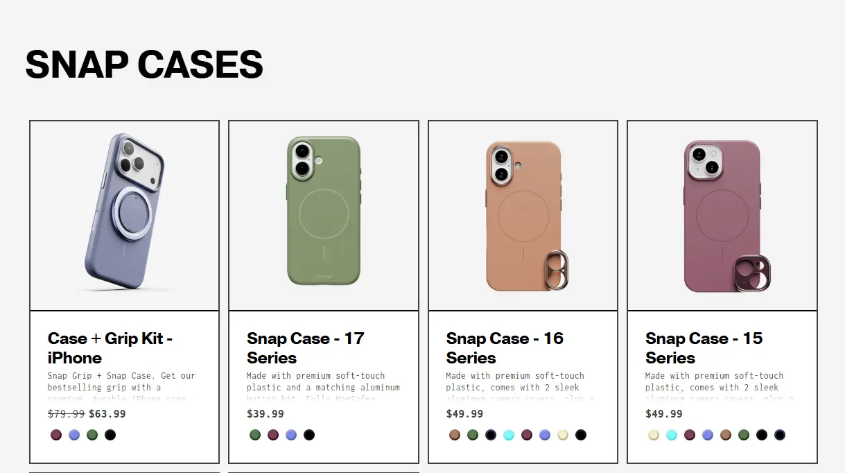 phone cases and accessories product pages