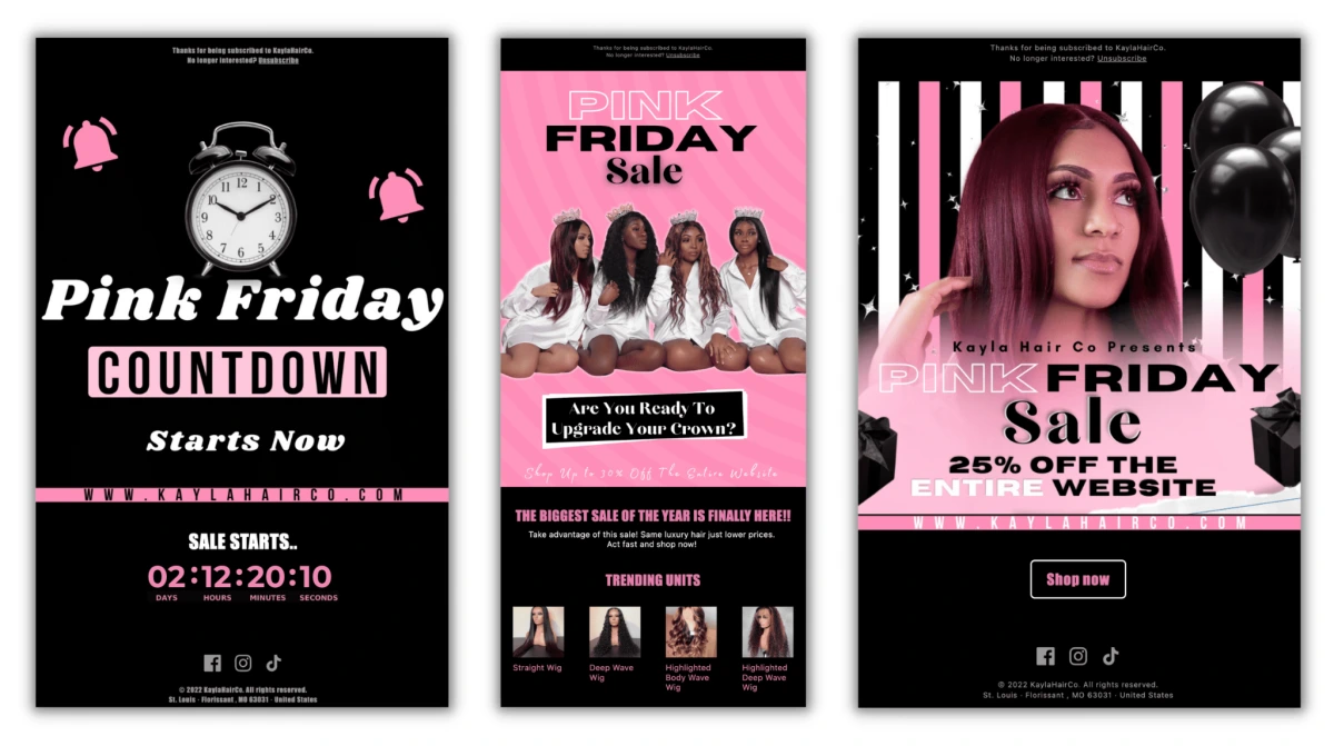 Pink Friday multi-touch email and SMS sequence landing page example