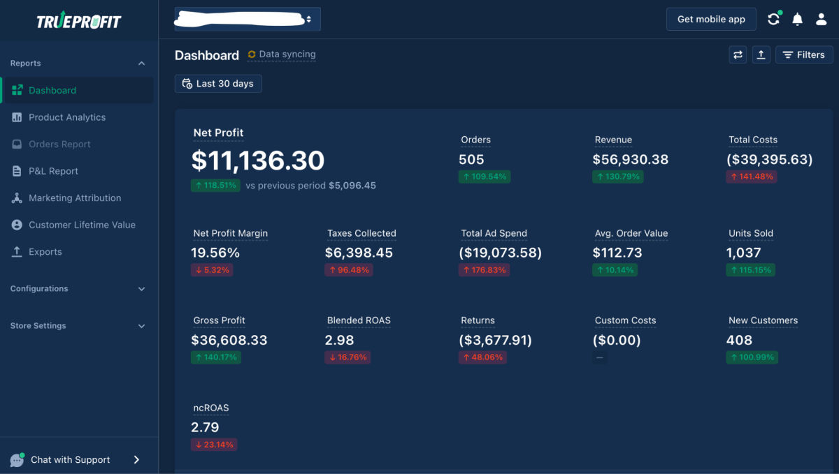 TrueProfit net profit dashboard