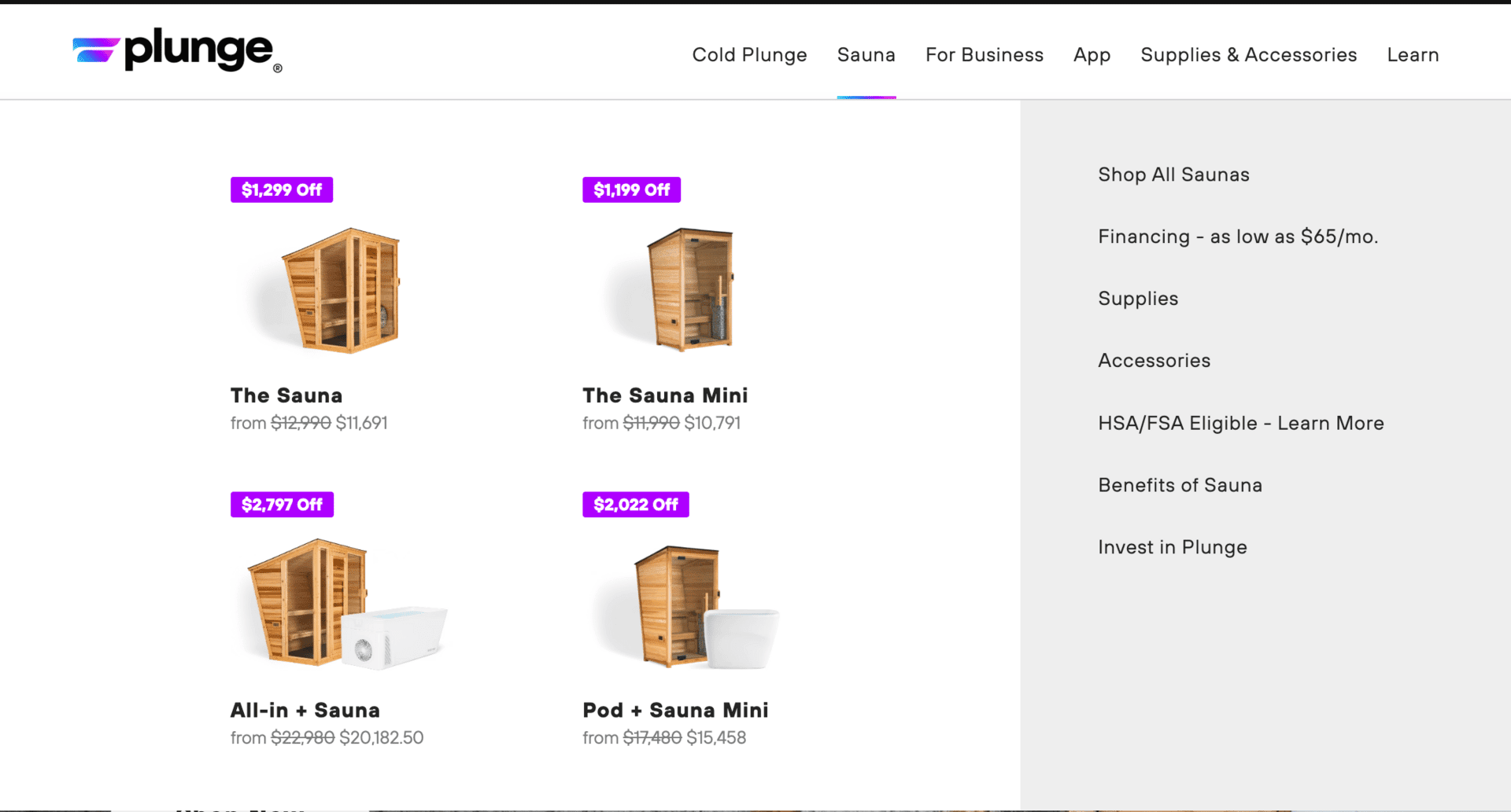 Plunge sauna website - Example of Selling Products Even on the Menus Clear, Theme-Driven Names