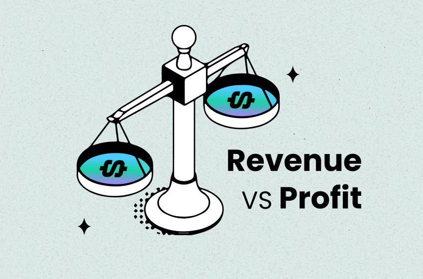 Illustration comparing profit vs revenue with a balanced scale and dollar symbols, representing financial metrics - TrueProfit