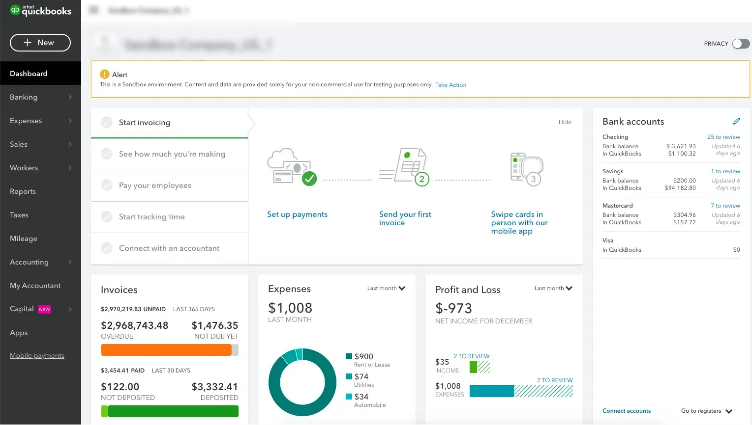QuickBooks dashboard