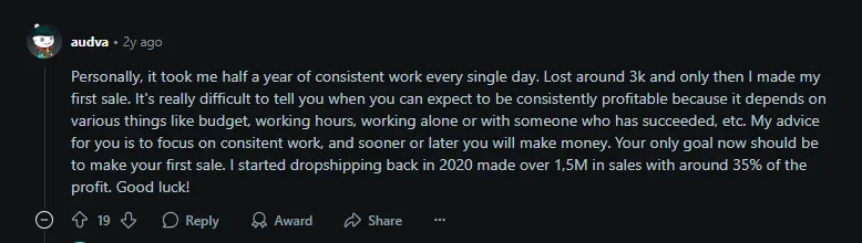 reddit sharing about dropshipping hustle