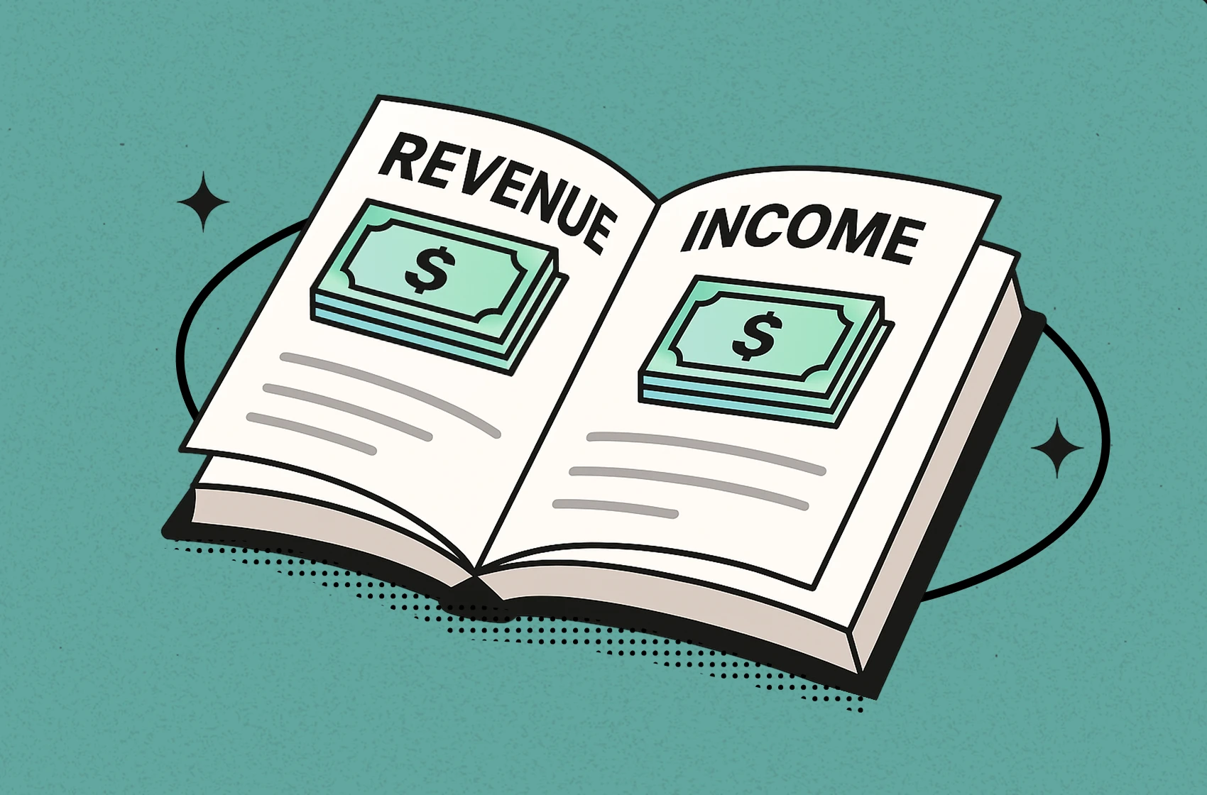 Open book with revenue and income labels explaining revenue vs income difference for eCommerce - by TrueProfit
