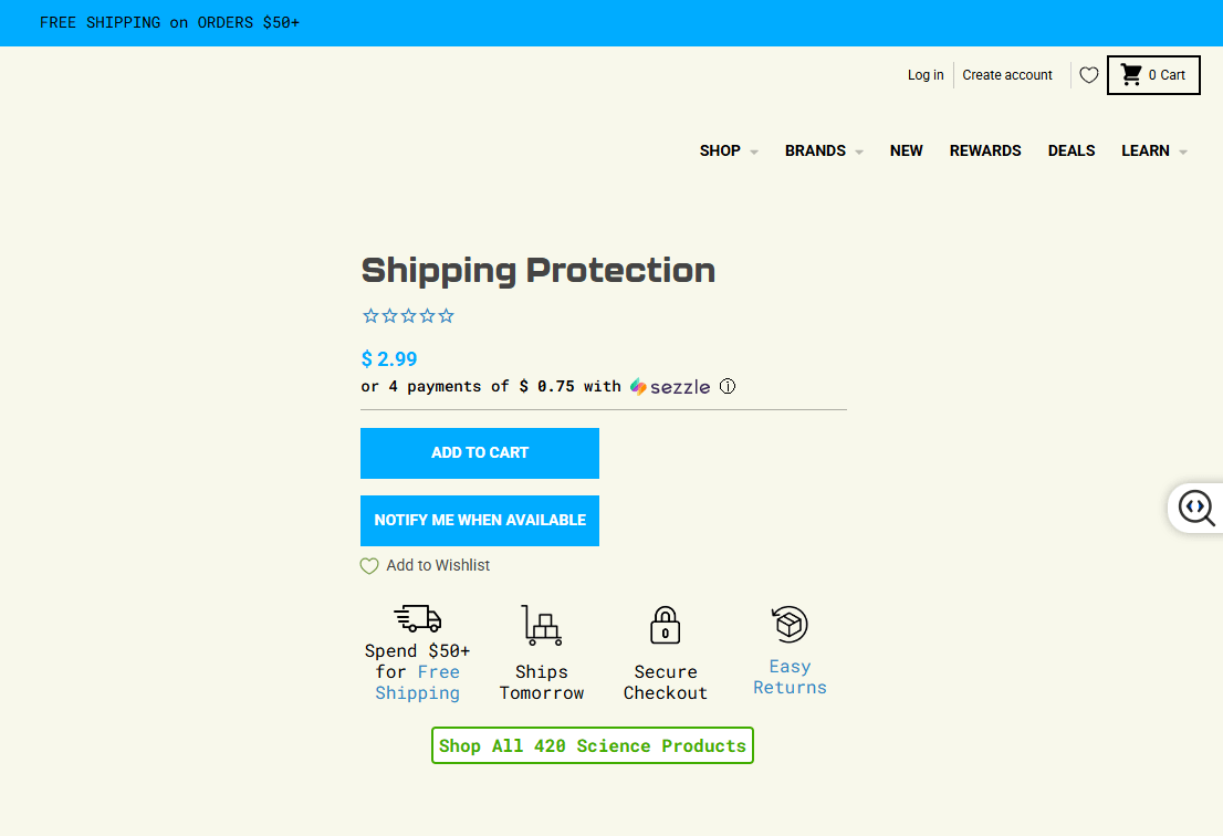 Shipping protection sold as a product page add-on