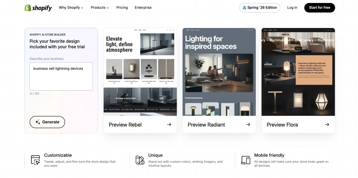 Shopify AI Store Builder interactive UI