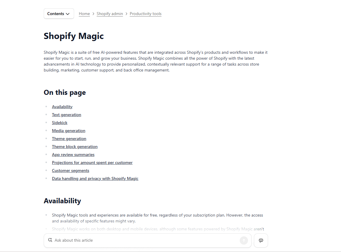Shopify Magic page screenshot