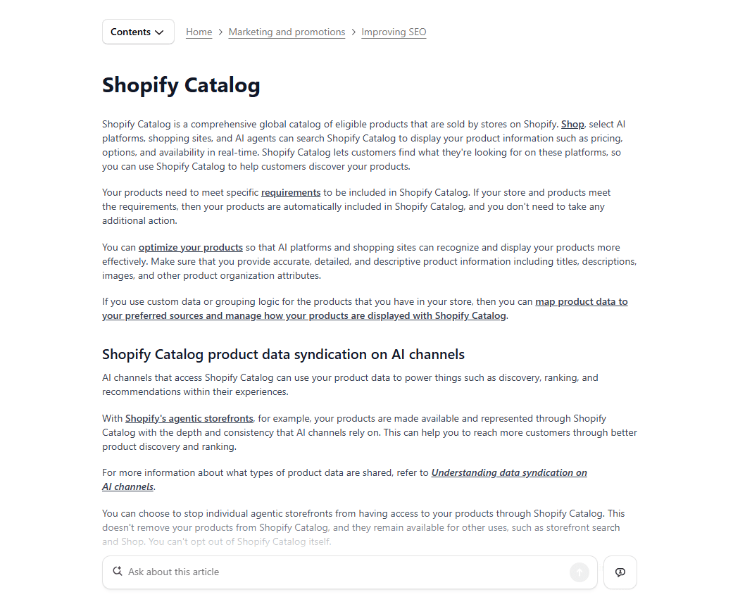 Shopify Catalog help docs