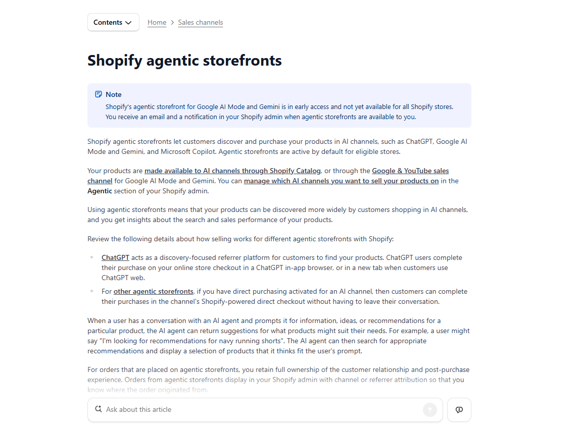 Agentic Storefronts help docs