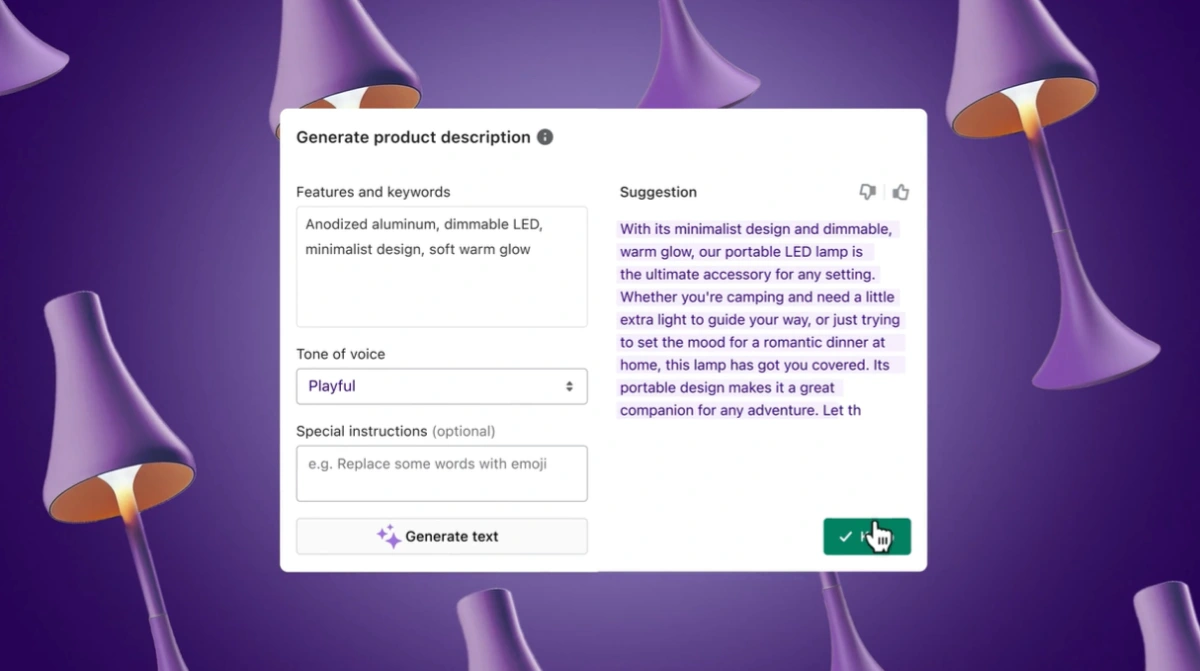 Shopify AI Product Description and Content Generation interactive UI