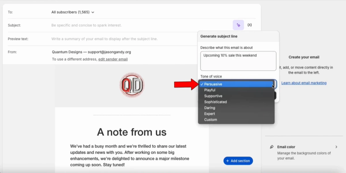AI Marketing Content for Emails and Campaigns Shopify Messaging interactive UI
