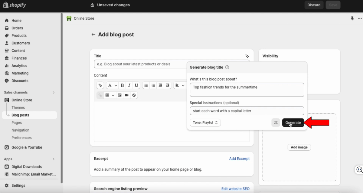Shopify AI-Assisted Store Content and Blog Creation interactive UI