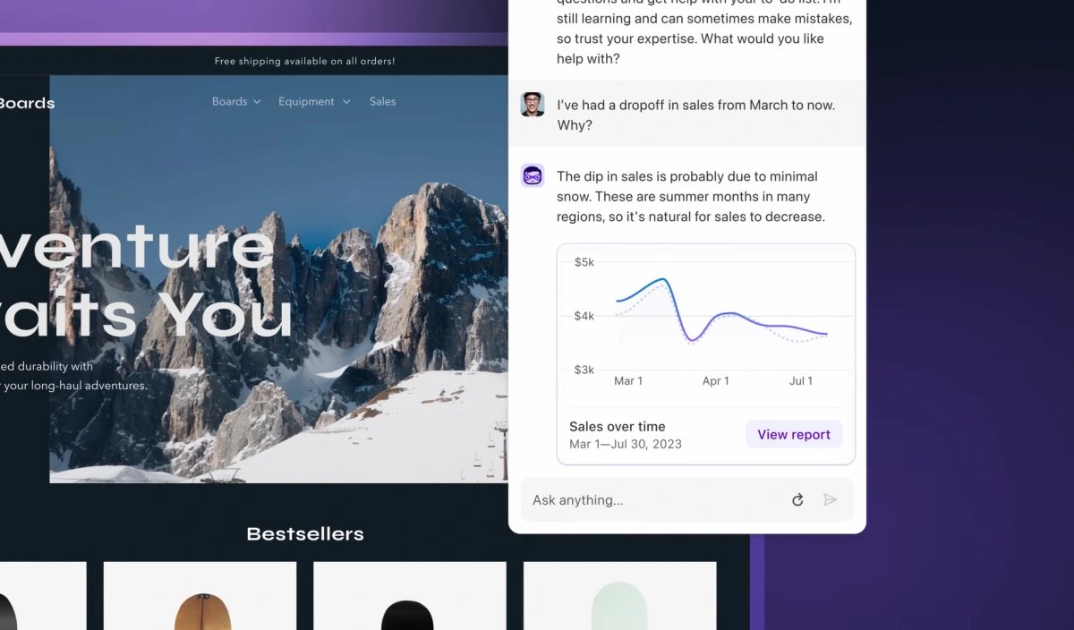 Shopify AI Analytics and Performance Insights interactive UI