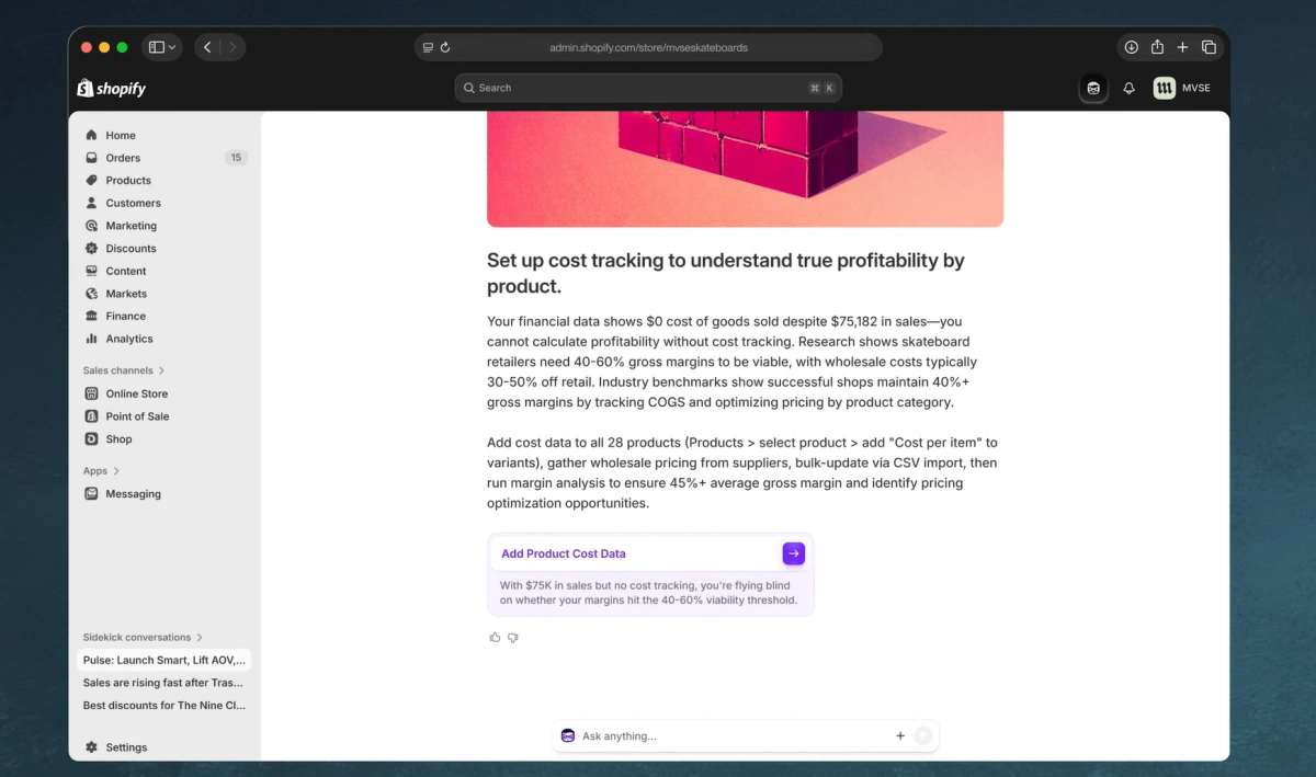Sidekick Recommendations and Insights in Admin interactive UI