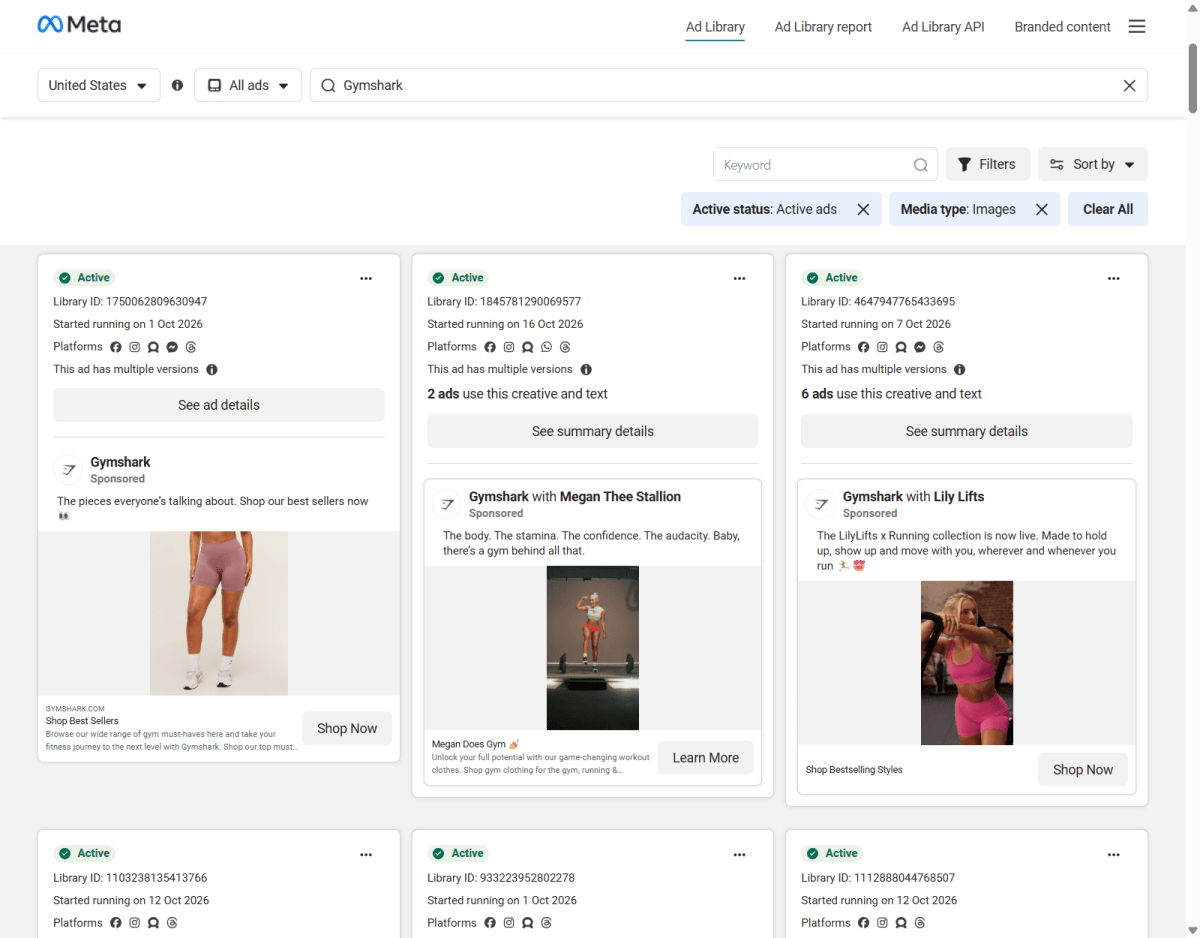 Gymshark ads in Meta Ad Library showing different creatives, messages, and calls to action