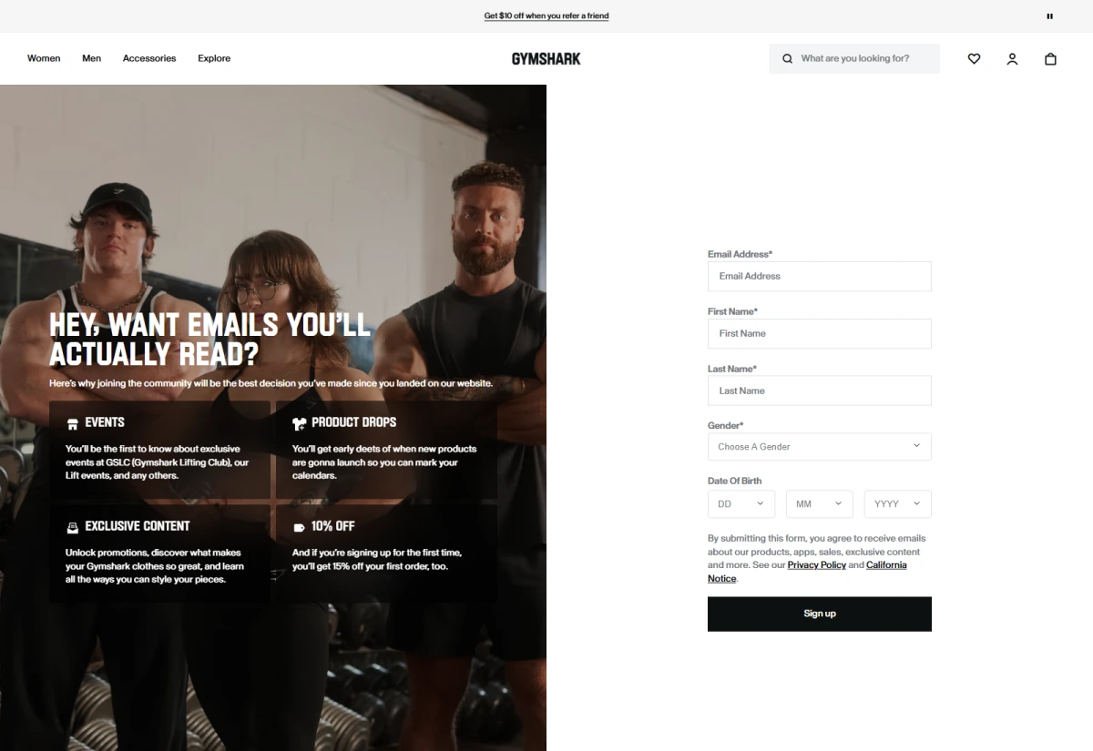 Gymshark email signup page highlighting product updates, event access, and a first-order incentive