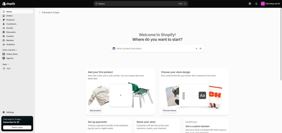 Shopify admin dashboard after signup