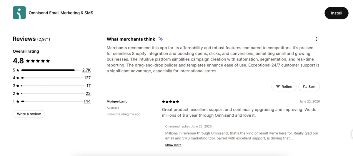 Omnisend Reviews on Shopify App Listing