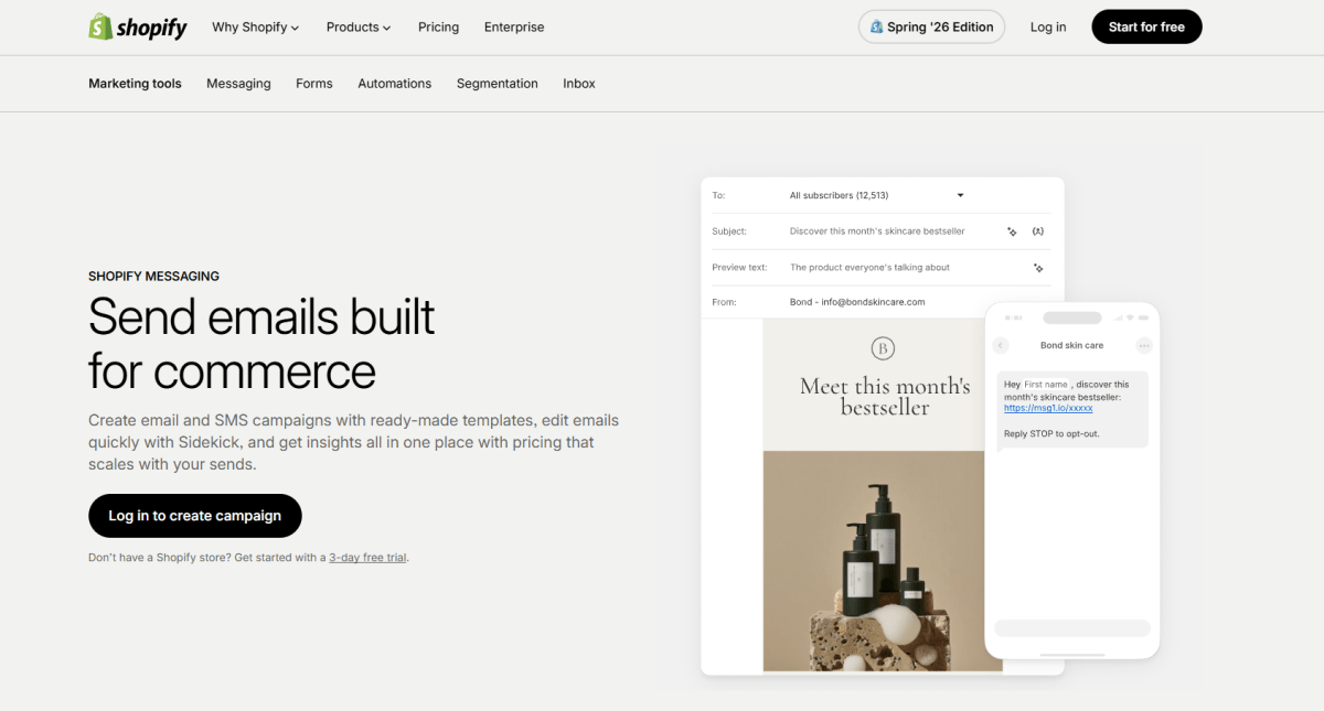 Shopify Messaging and Email page