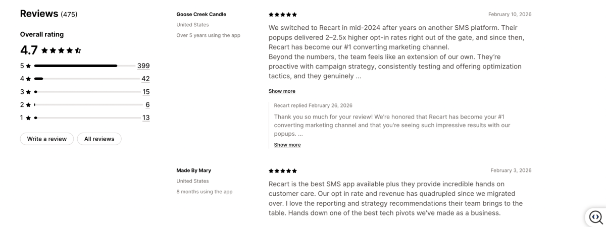 Recart Reviews on Shopify App Listing
