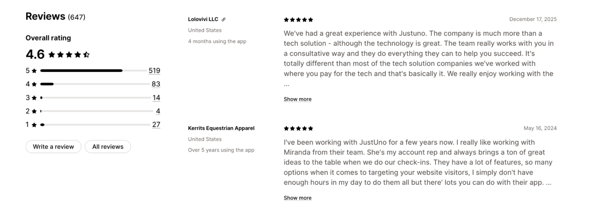 Justuno Reviews on Shopify App Listing