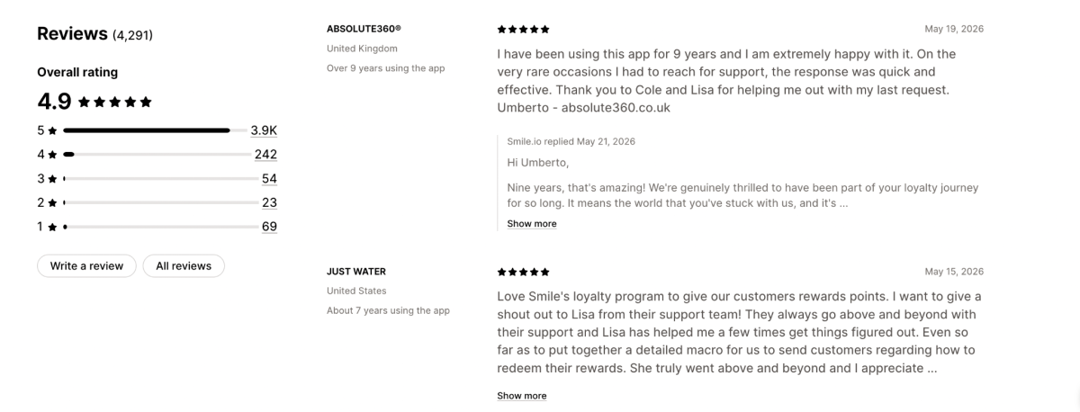 Smile.io Reviews on Shopify App Listing