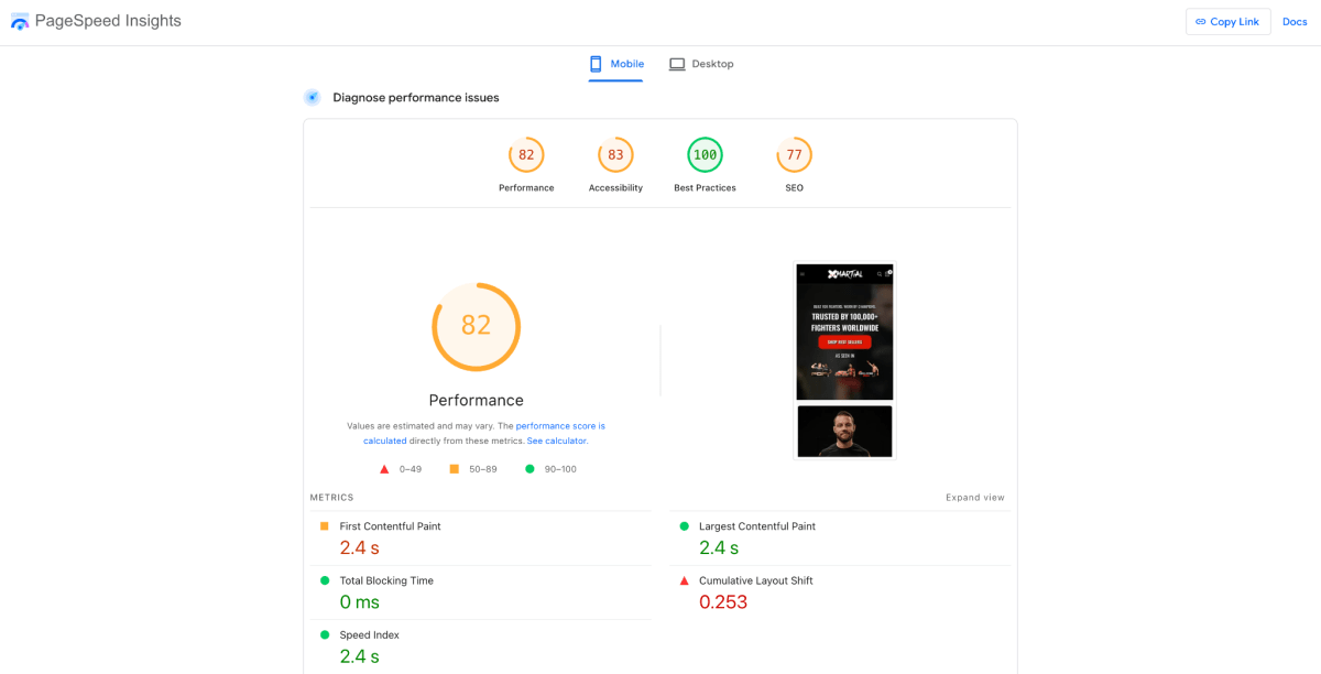 Google Page Speed Insight test example