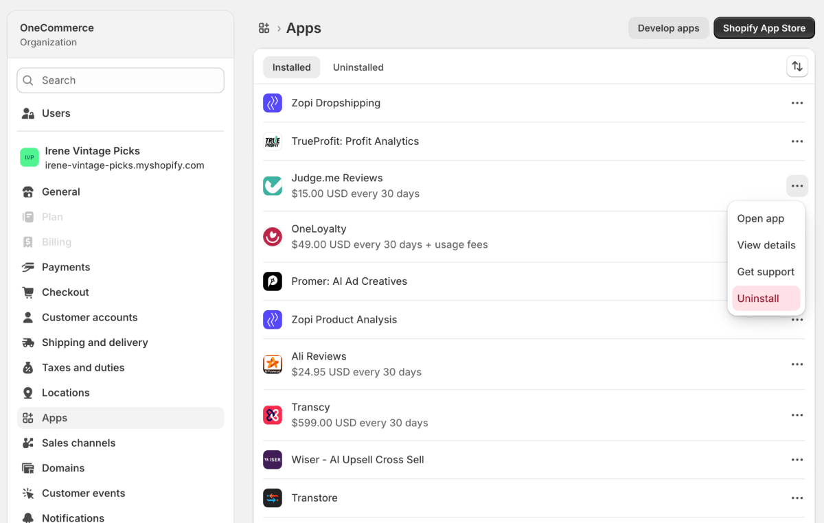 Uninstall unecessary Shopify Apps