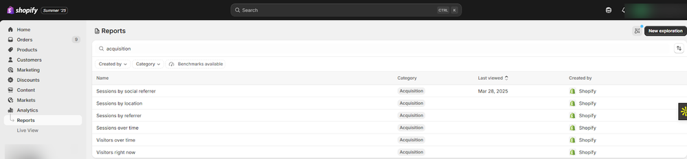 Acquisition Report in Shopify