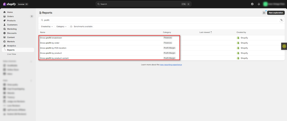 Profit Report in Shopify