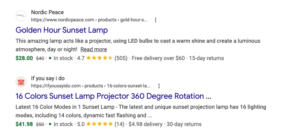 Optimized meta title and description example