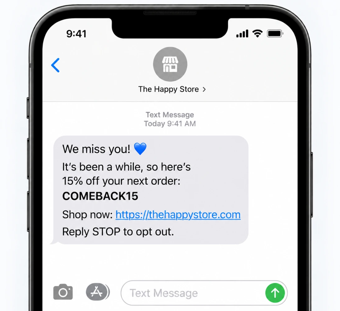 Win-back SMS message example