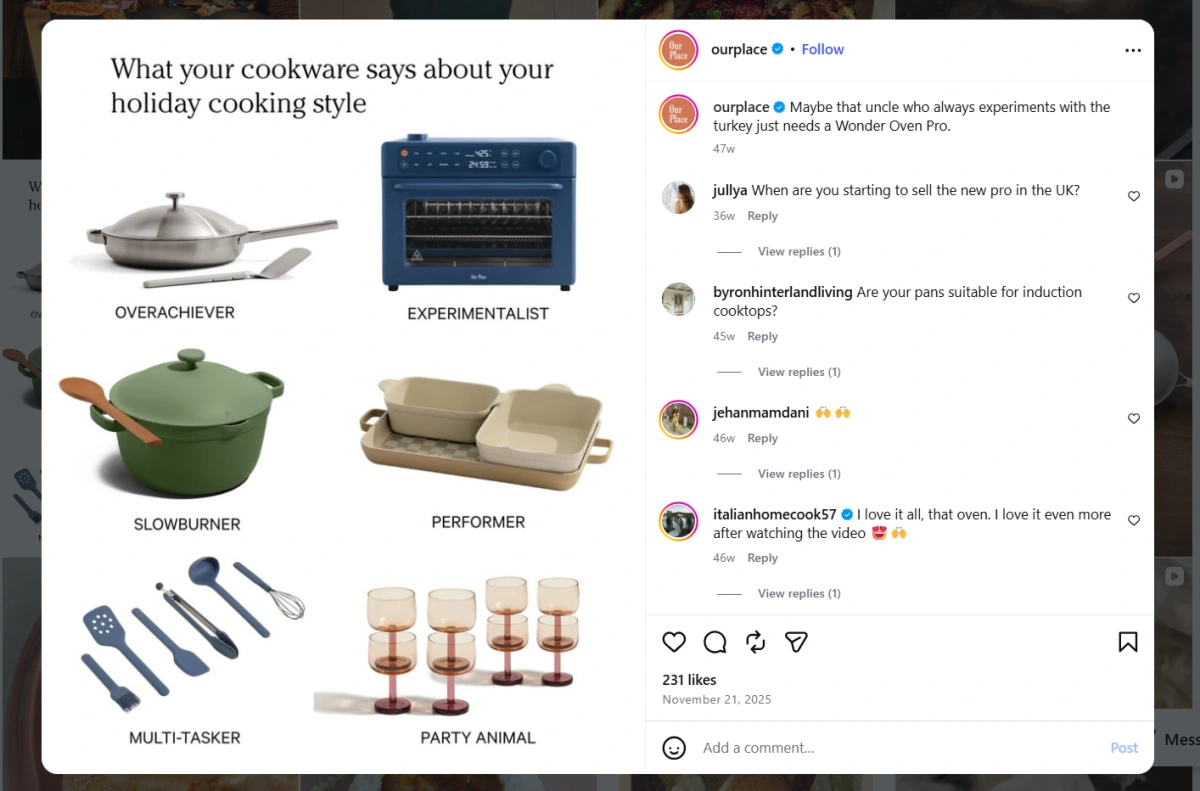 Our Place Instagram post matching cookware to different holiday cooking styles and reasons to buy