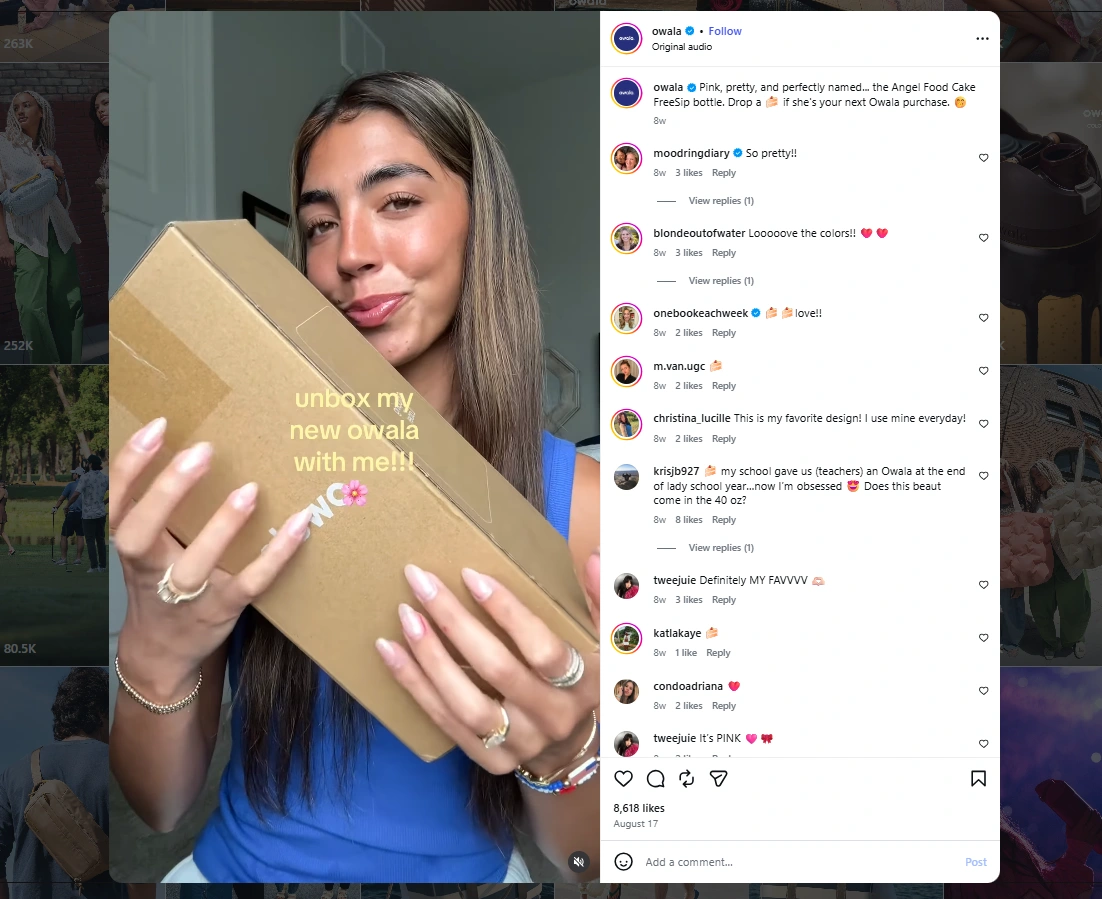 Owala Instagram unboxing video showing a customer opening a water bottle package as an example of social proof