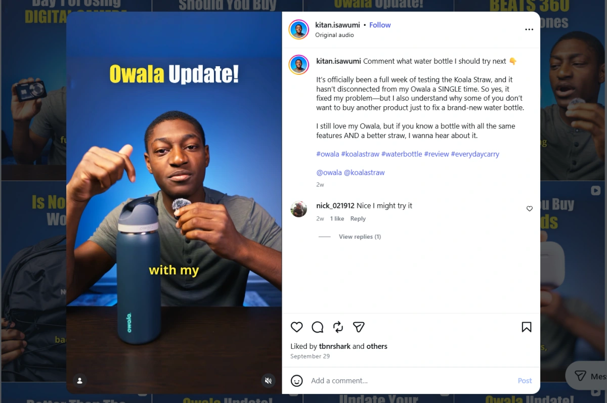 Creator reviewing an Owala water bottle and discussing a straw fix in an Instagram video