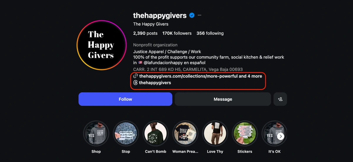 Embed website link into Instagram page