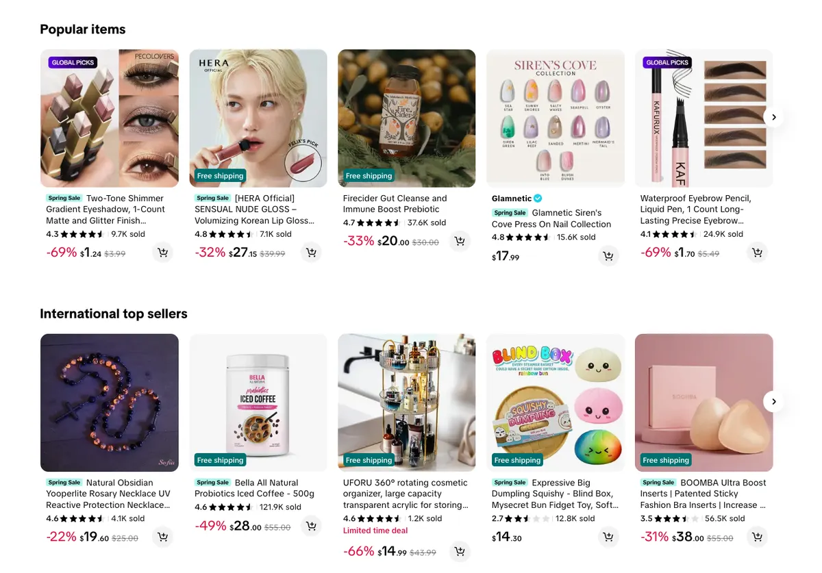 Tiktok Shop popular items page